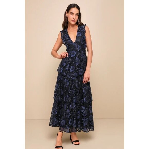 Lulus Blue & Black Floral Lace Tiered Maxi Dress Size S - Picture 1 of 11
